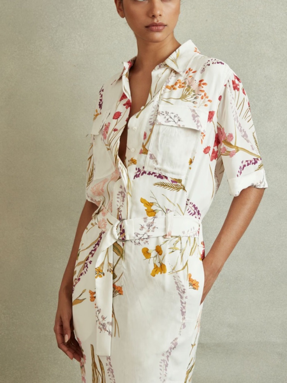 NWOT Reiss Raya Floral Print Midi Belted Shirt Dress, Size 6; never worn